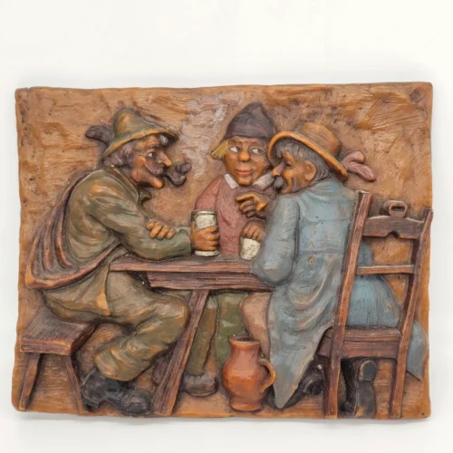 Ręcznie wykonana płaskorzeźba woskowa scena biesiadna 33x26 cm
