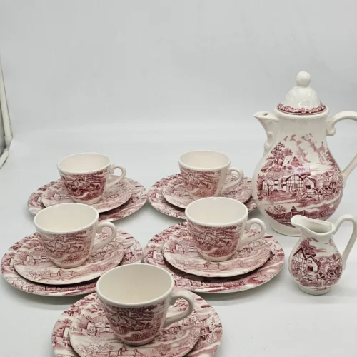 Zestaw herbaciany Cumberland England – ceramika vintage, pejzaż, 5 osób