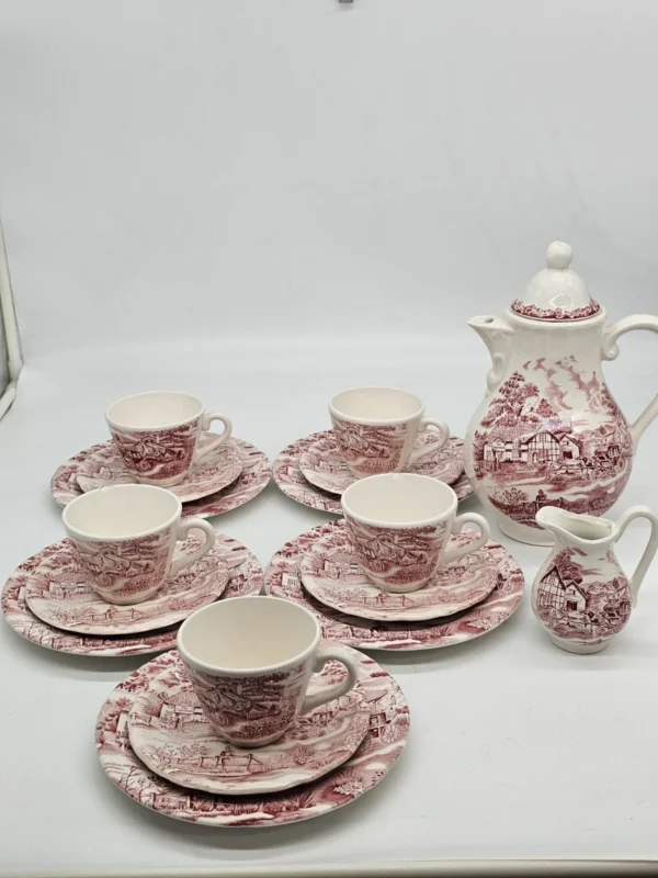 Zestaw herbaciany Cumberland England – ceramika vintage, pejzaż, 5 osób