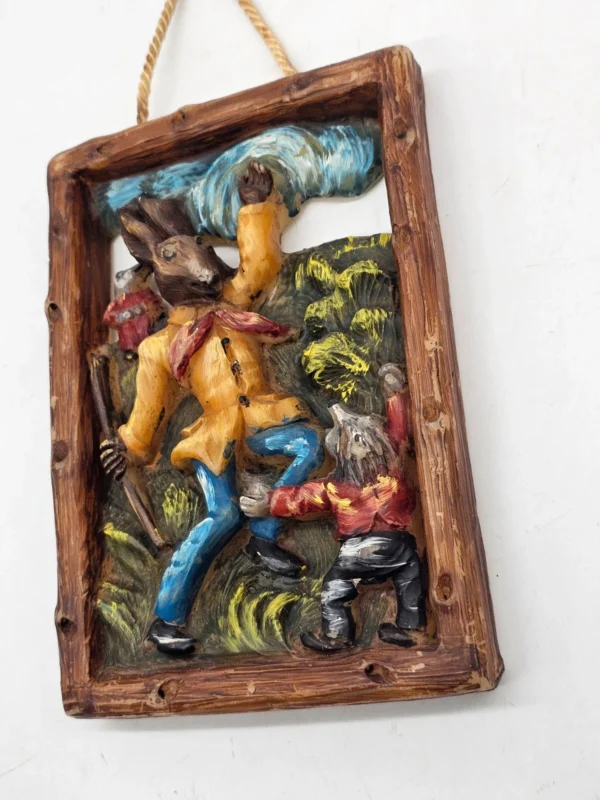 Obrazek ścienny woskowy relief scena myśliwska vintage 14 × 20 cm
