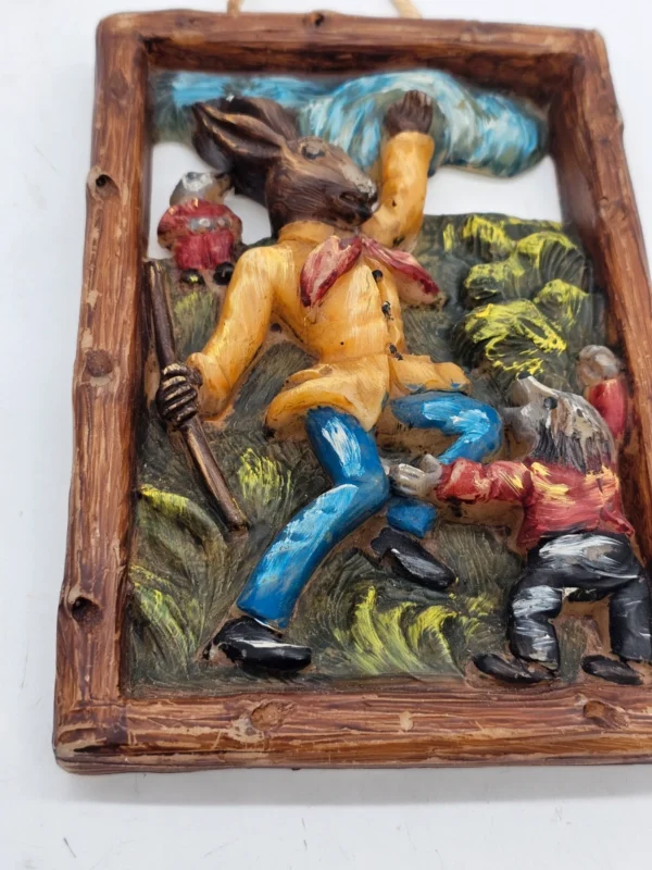 Obrazek ścienny woskowy relief scena myśliwska vintage 14 × 20 cm