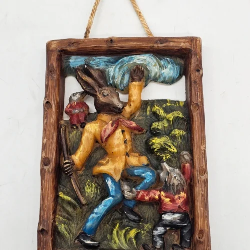 Obrazek ścienny woskowy relief scena myśliwska vintage 14 × 20 cm