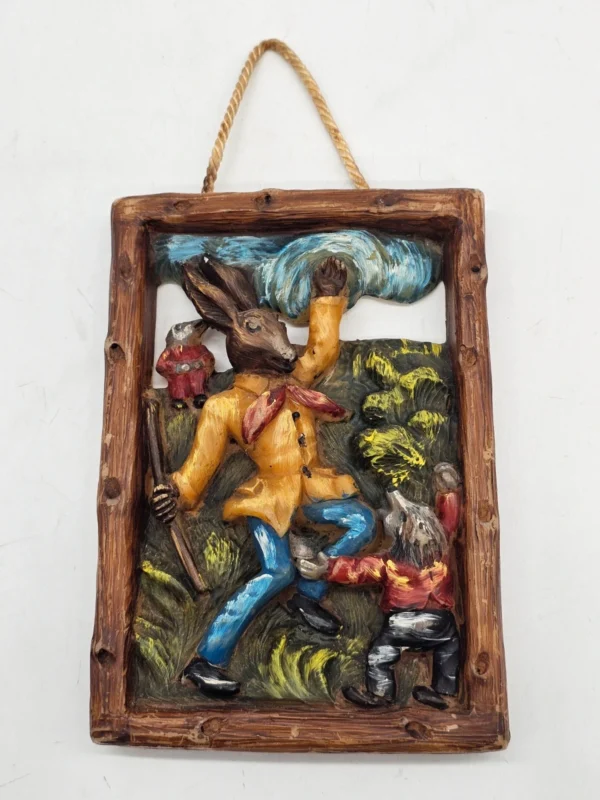 Obrazek ścienny woskowy relief scena myśliwska vintage 14 × 20 cm