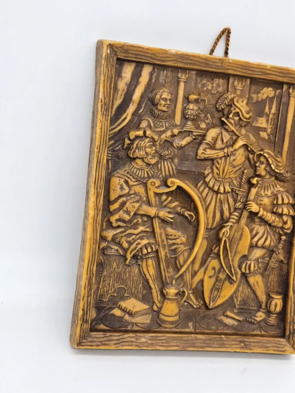 Obraz reliefowy woskowy Muzykanci XVII w styl Holbein vintage 17 × 22 cm