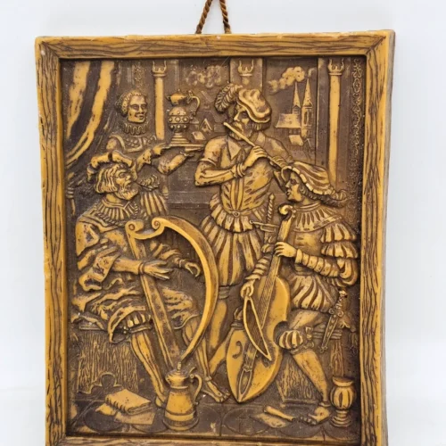 Obraz reliefowy woskowy Muzykanci XVII w styl Holbein vintage 17 × 22 cm