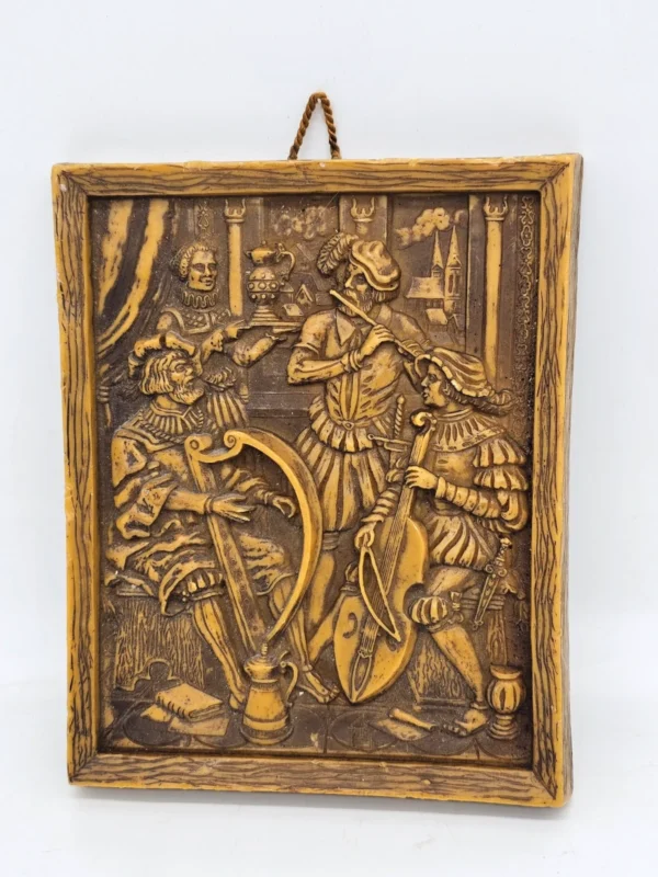 Obraz reliefowy woskowy Muzykanci XVII w styl Holbein vintage 17 × 22 cm