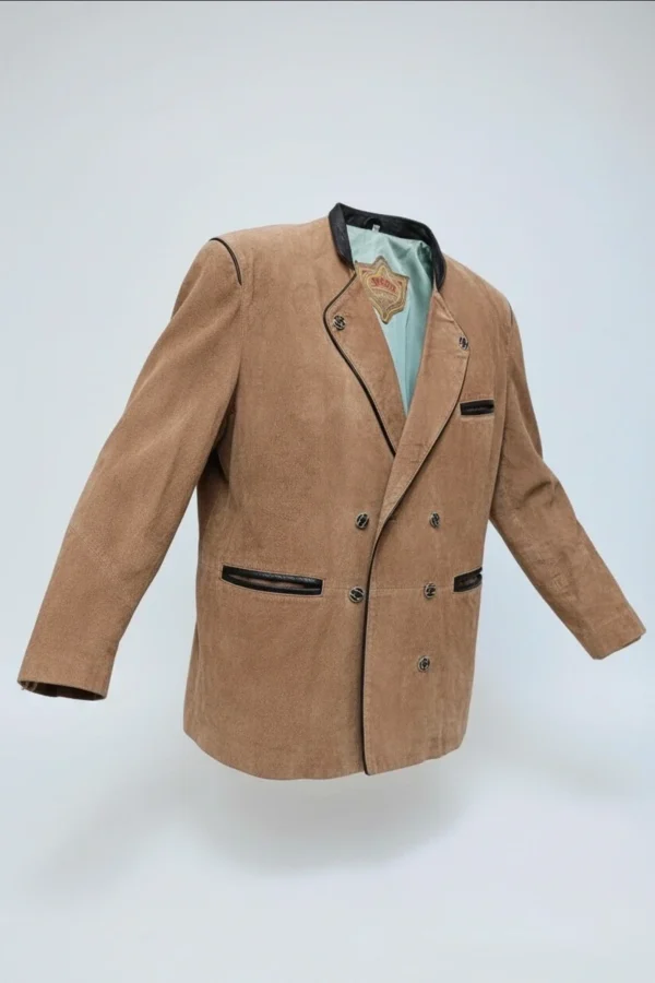 Beżowa marynarka skórzana z naturalnego zamszu – Smooth Collection – retro elegancja (rozmiar L+)