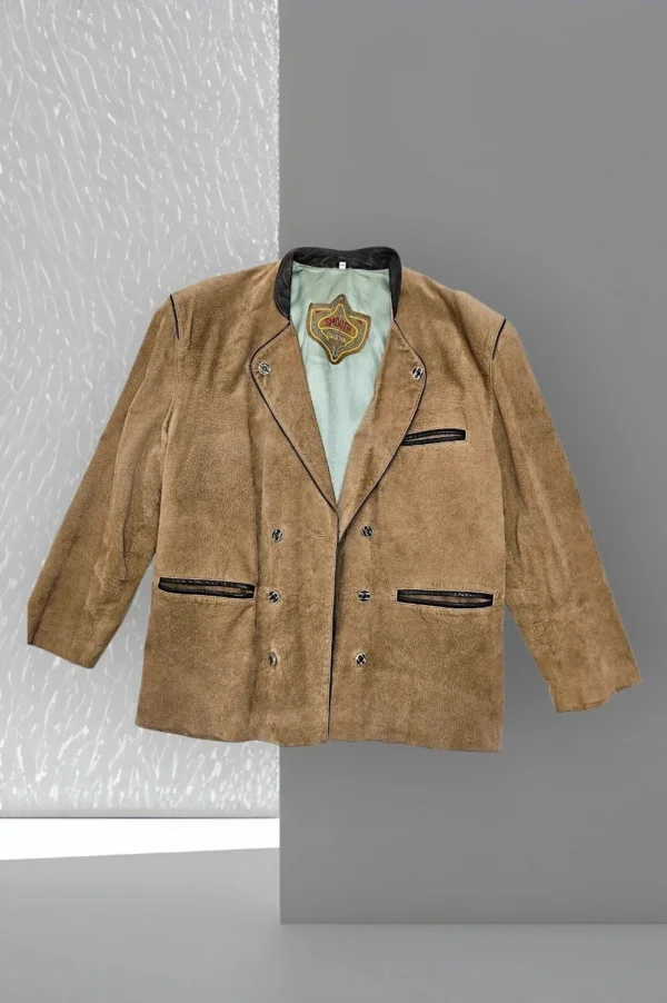 Beżowa marynarka skórzana z naturalnego zamszu – Smooth Collection – retro elegancja (rozmiar L+)
