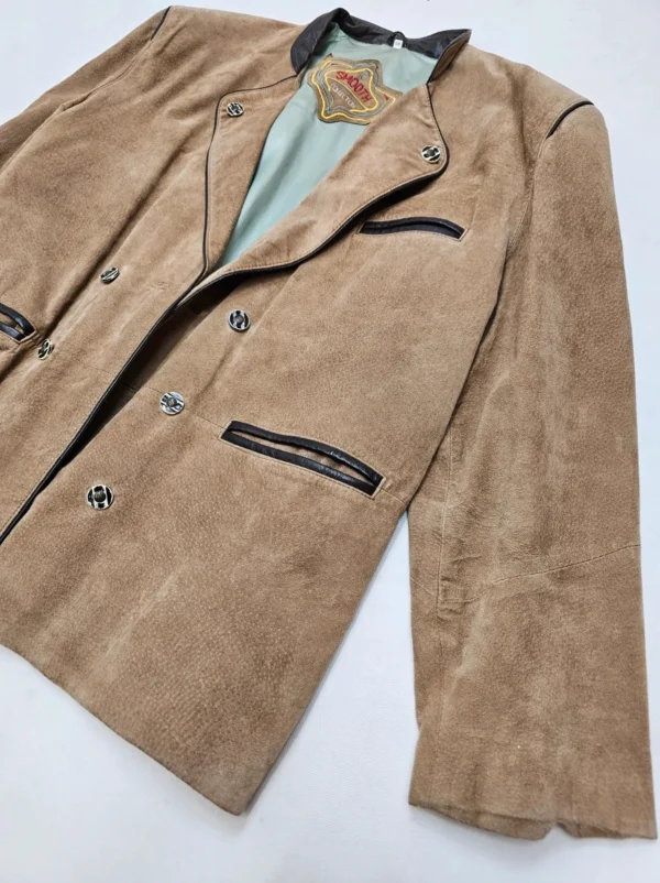 Beżowa marynarka skórzana z naturalnego zamszu – Smooth Collection – retro elegancja (rozmiar L+)
