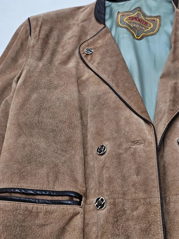 Beżowa marynarka skórzana z naturalnego zamszu – Smooth Collection – retro elegancja (rozmiar L+)