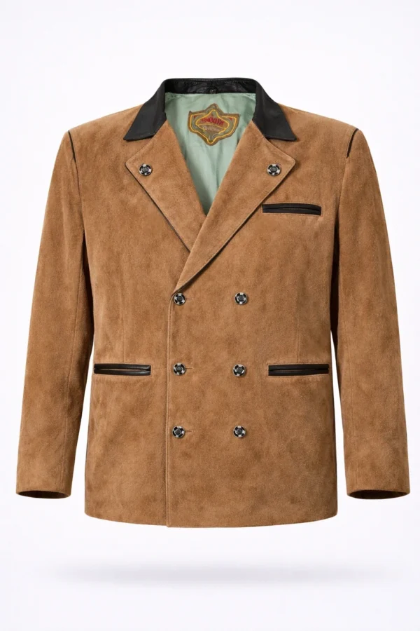 Beżowa marynarka skórzana z naturalnego zamszu – Smooth Collection – retro elegancja (rozmiar L+)