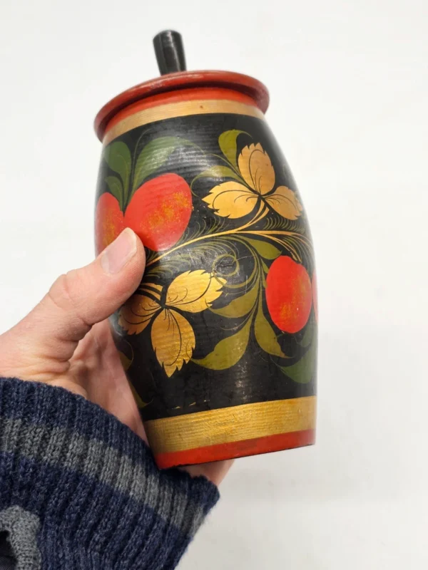 Rosyjski ręcznie malowany drewniany pojemnik z pokrywą 19 cm vintage