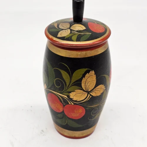 Rosyjski ręcznie malowany drewniany pojemnik z pokrywą 19 cm vintage