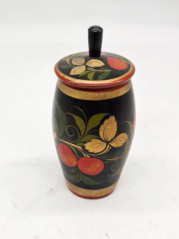 Rosyjski ręcznie malowany drewniany pojemnik z pokrywą 19 cm vintage