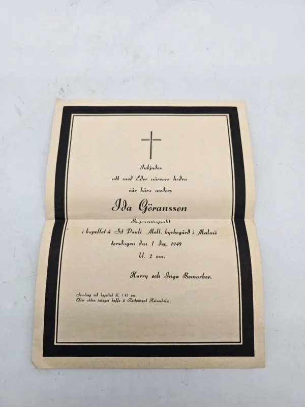 Szwedzkie zawiadomienie pogrzebowe 1949 Malmö Oryginał karta pocztowa