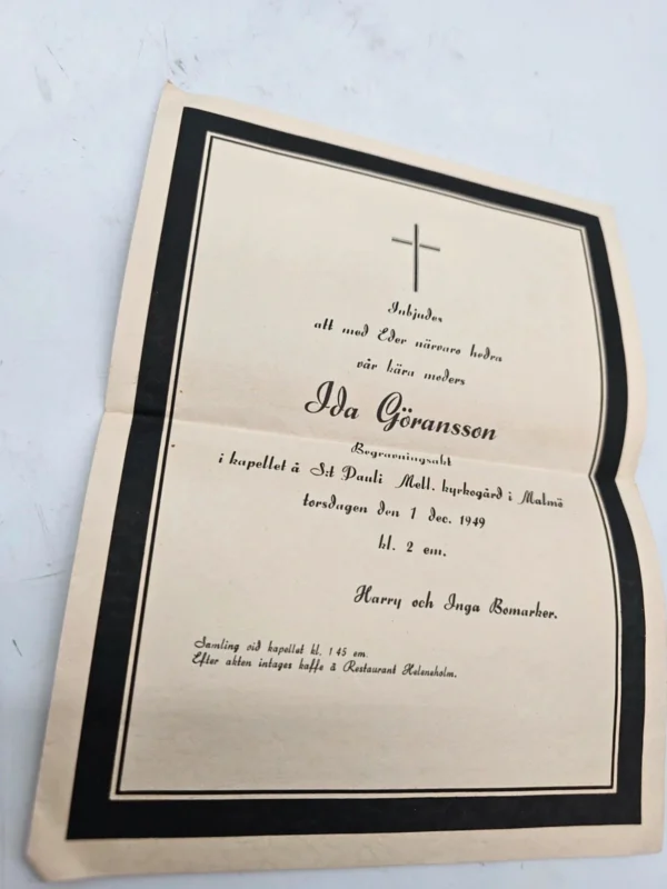 Szwedzkie zawiadomienie pogrzebowe 1949 Malmö Oryginał karta pocztowa