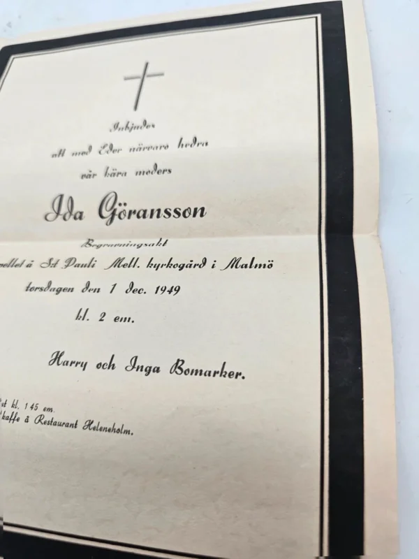 Szwedzkie zawiadomienie pogrzebowe 1949 Malmö Oryginał karta pocztowa