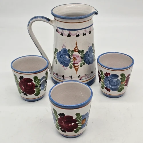 Zestaw ceramiczny Handarbeit Niemcy dzbanek + 3 kubki ręcznie malowane