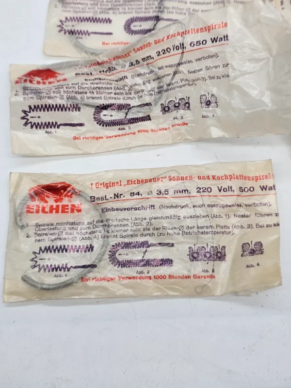 Zestaw 8x spirala grzewcza Eichenauer 220V Ø3,5 mm 500W 650W vintage NOS