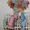 obrazek ceramiczny w ramie dzieci pod parasolem 19x19 cm