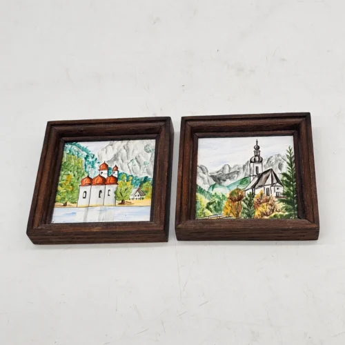 Dwa obrazki kafelki w drewnianych ramkach 2 szt 9x9 cm