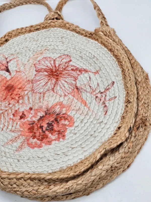 Torba pleciona depot jutowa z kwiatowym nadrukiem okrągła 40 cm