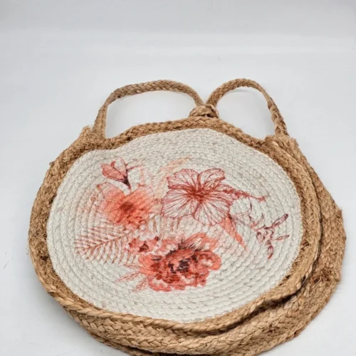 Torba pleciona depot jutowa z kwiatowym nadrukiem okrągła 40 cm