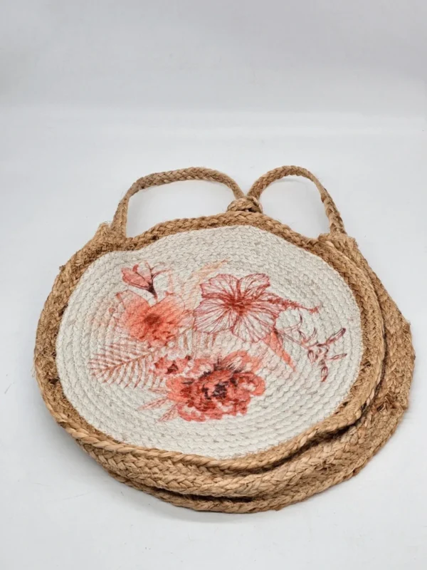 Torba pleciona depot jutowa z kwiatowym nadrukiem okrągła 40 cm