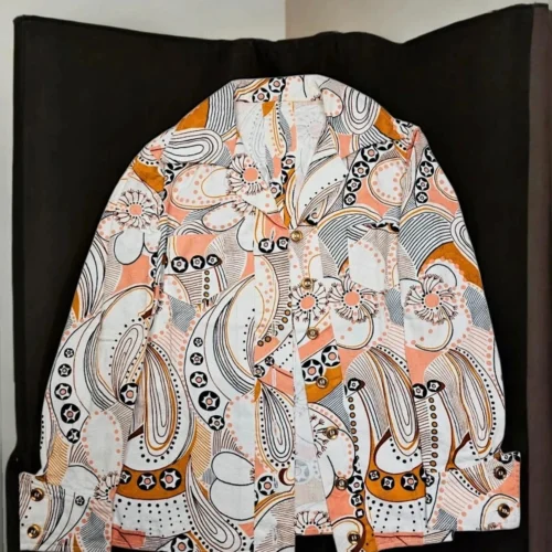 Marynarka vintage we wzory paisley i kwiaty, Złote guziki, lata 70.