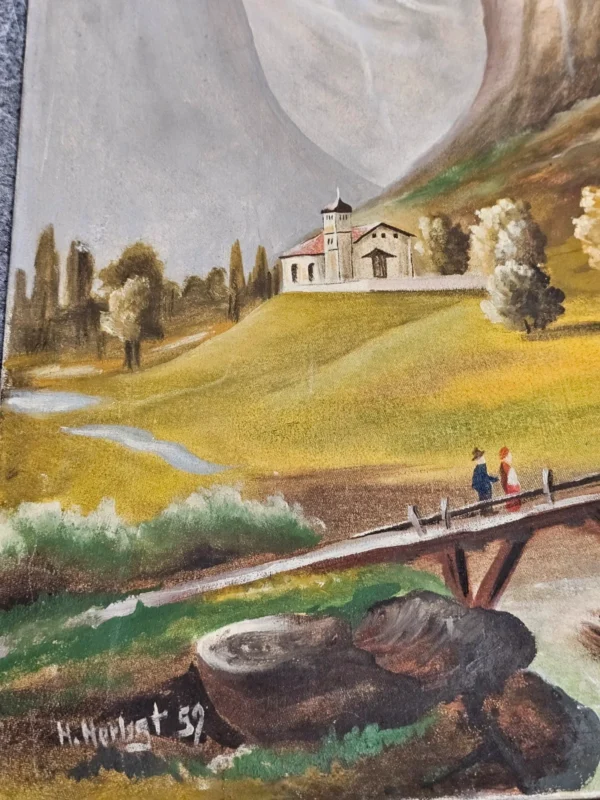 Obraz olejny pejzaż górski z wodospadem sygnowany M. Herbgt 1959 płótno 50,5 x 70,5 cm