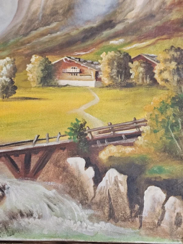 Obraz olejny pejzaż górski z wodospadem sygnowany M. Herbgt 1959 płótno 50,5 x 70,5 cm