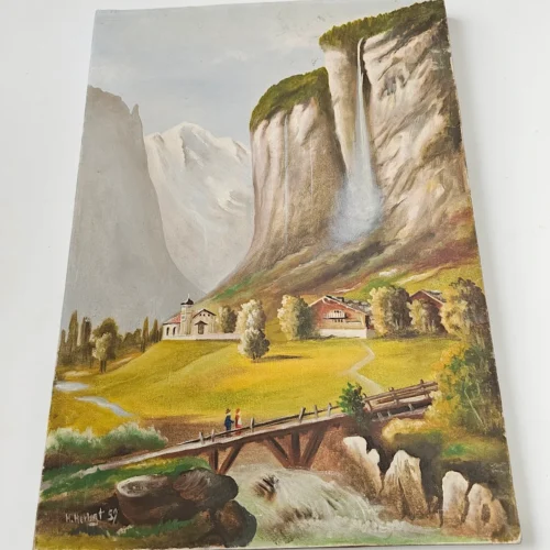 Obraz olejny pejzaż górski z wodospadem sygnowany M. Herbgt 1959 płótno 50,5 x 70,5 cm