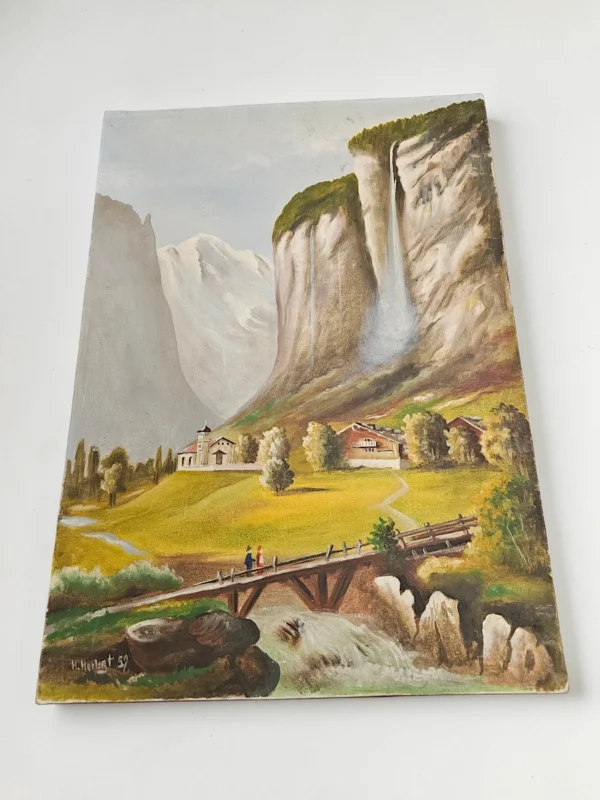 Obraz olejny pejzaż górski z wodospadem sygnowany M. Herbgt 1959 płótno 50,5 x 70,5 cm