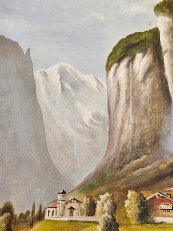 Obraz olejny pejzaż górski z wodospadem sygnowany M. Herbgt 1959 płótno 50,5 x 70,5 cm