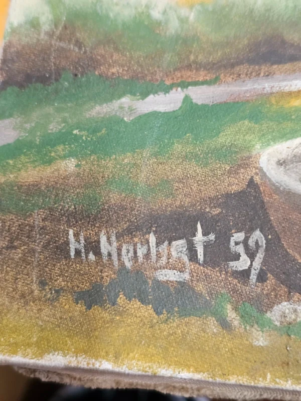 Obraz olejny pejzaż górski z wodospadem sygnowany M. Herbgt 1959 płótno 50,5 x 70,5 cm