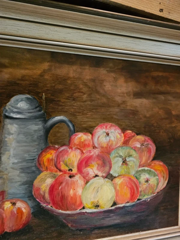 Obraz olejny martwa natura z jabłkami dzbanek ręcznie malowany rama drewniana 47x57 cm