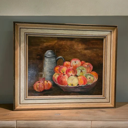 Obraz olejny martwa natura z jabłkami dzbanek ręcznie malowany rama drewniana 47x57 cm
