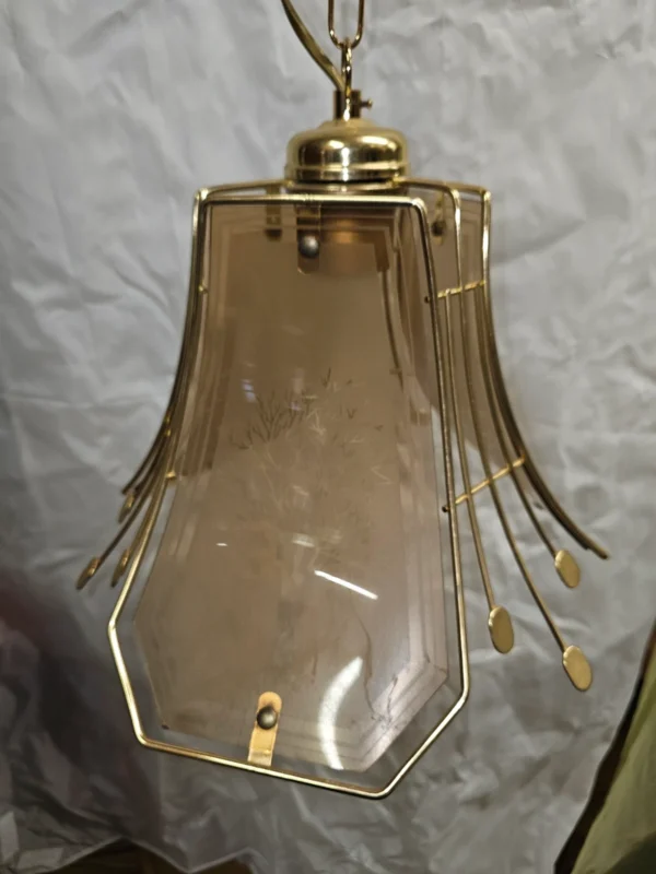 Lampa wisząca vintage Eglo Leuchten mosiądz szkło trawione drzewo 75 cm