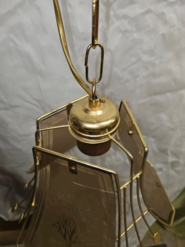 Lampa wisząca vintage Eglo Leuchten mosiądz szkło trawione drzewo 75 cm