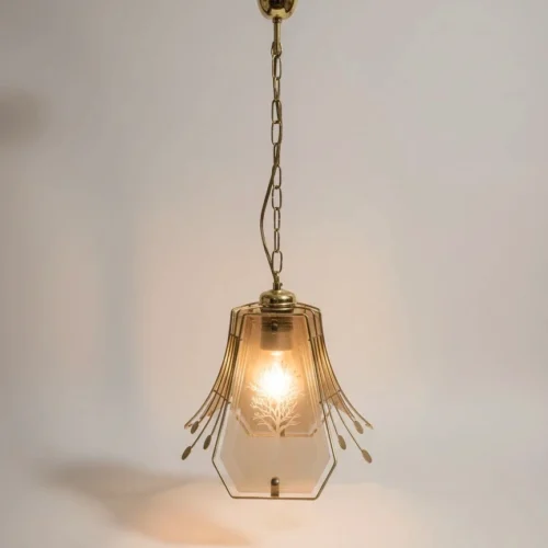 Lampa wisząca vintage Eglo Leuchten mosiądz szkło trawione drzewo 75 cm