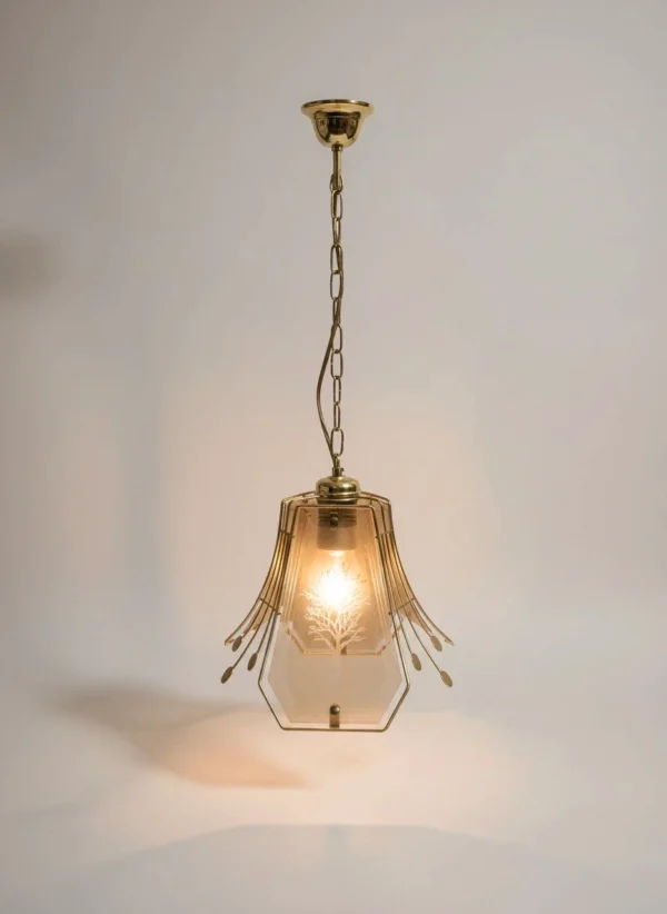 Lampa wisząca vintage Eglo Leuchten mosiądz szkło trawione drzewo 75 cm