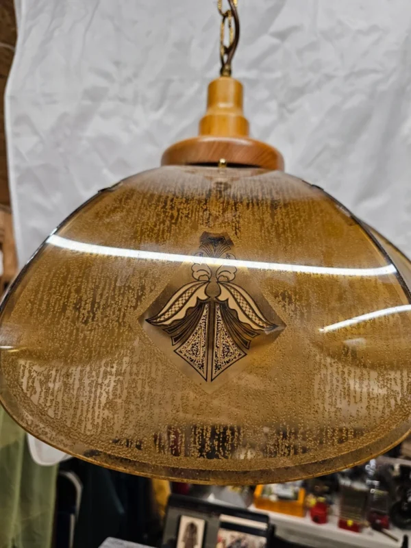 Lampa wisząca vintage włoskie szkło dymione drewno 84 cm
