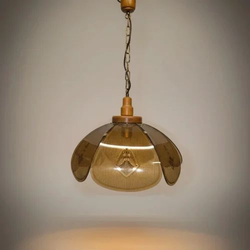 Lampa wisząca vintage włoskie szkło dymione drewno 84 cm