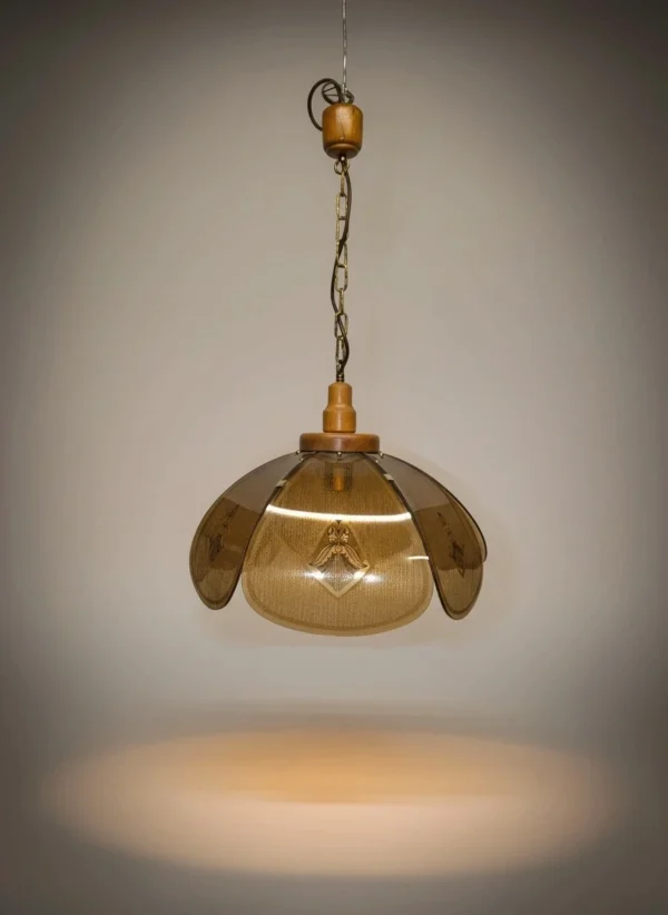 Lampa wisząca vintage włoskie szkło dymione drewno 84 cm