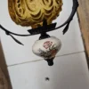 Lampa wisząca vintage bursztynowe szkło miedziany kapelusz ceramiczny detal 82 cm