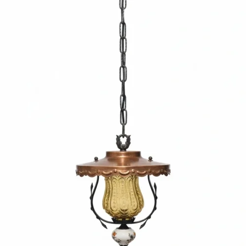 Lampa wisząca vintage bursztynowe szkło miedziany kapelusz ceramiczny detal 82 cm