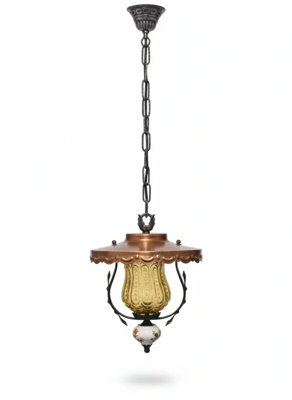 Lampa wisząca vintage bursztynowe szkło miedziany kapelusz ceramiczny detal 82 cm