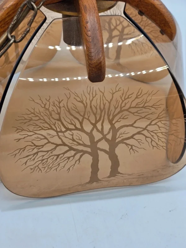 Vintage lampa wisząca z bursztynowym szkłem i drewnianymi Detalami – 77 cm wysokości