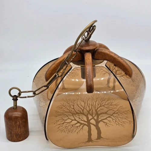 Vintage lampa wisząca z bursztynowym szkłem i drewnianymi Detalami – 77 cm wysokości