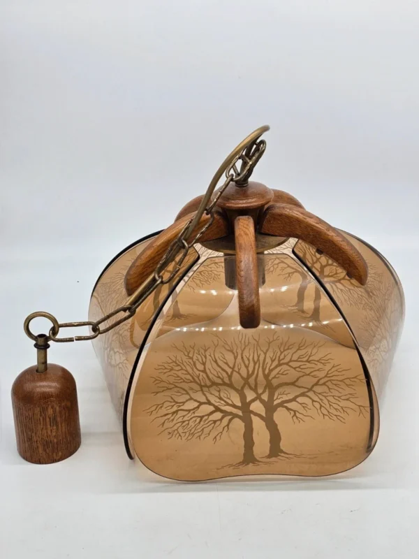 Vintage lampa wisząca z bursztynowym szkłem i drewnianymi Detalami – 77 cm wysokości